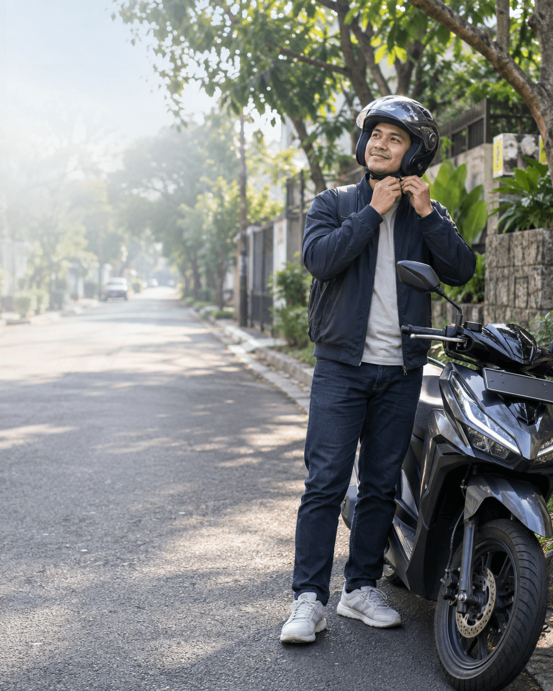Pengendara motor tersenyum setelah melakukan perawatan motor